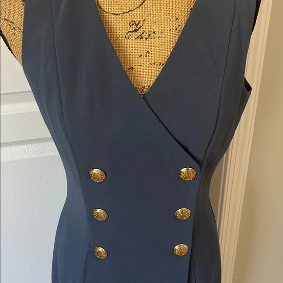 White House Black Market Navy Midi Dress with Gold Buttons - Picture 3 of 6